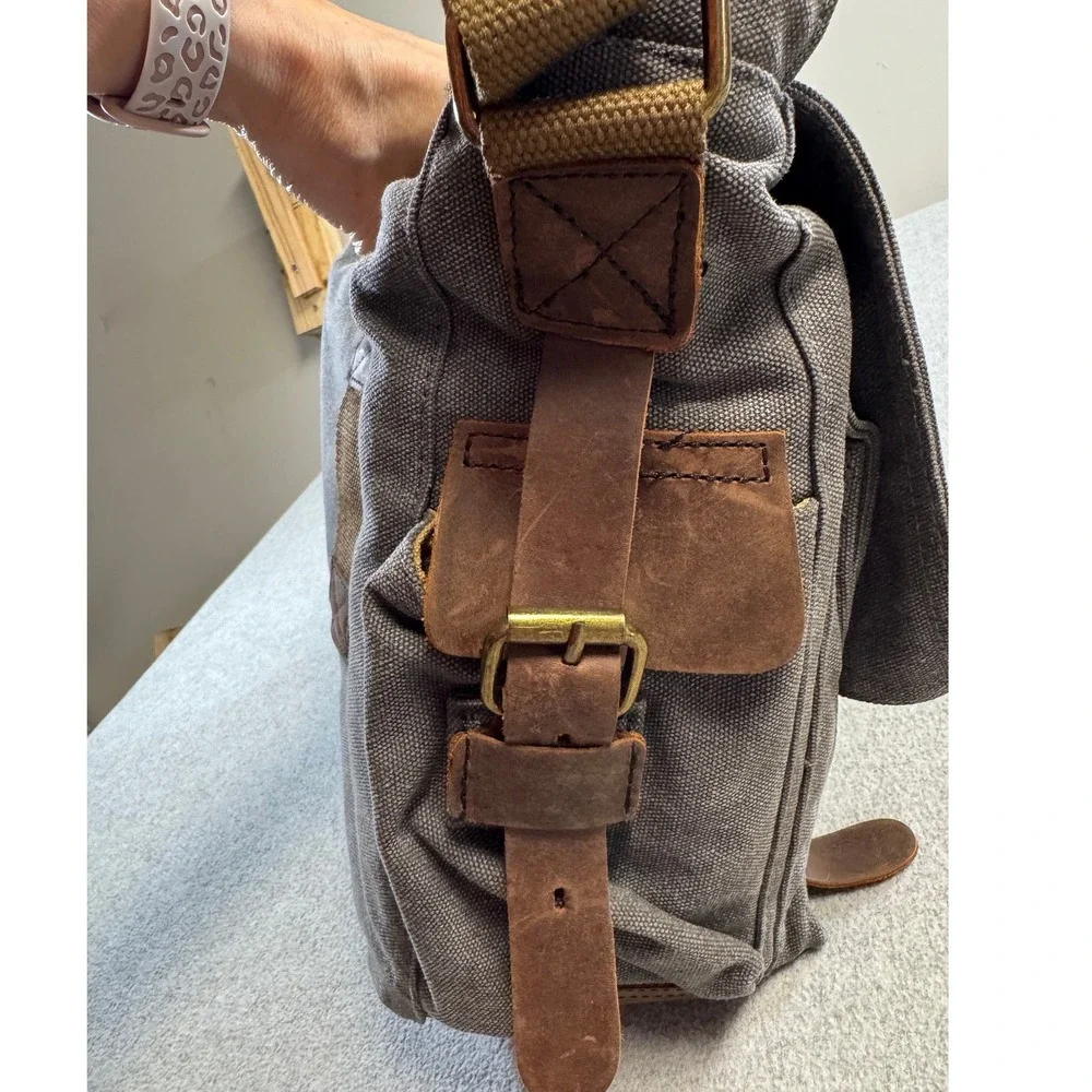 Kattee Canvas Leather Messenger Bag Laptop Briefcase Satchel Brown Gray Work